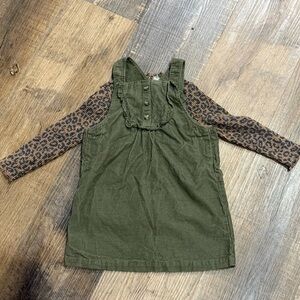 Girls Green Corduroy Dress with Leopard Long Sleeve